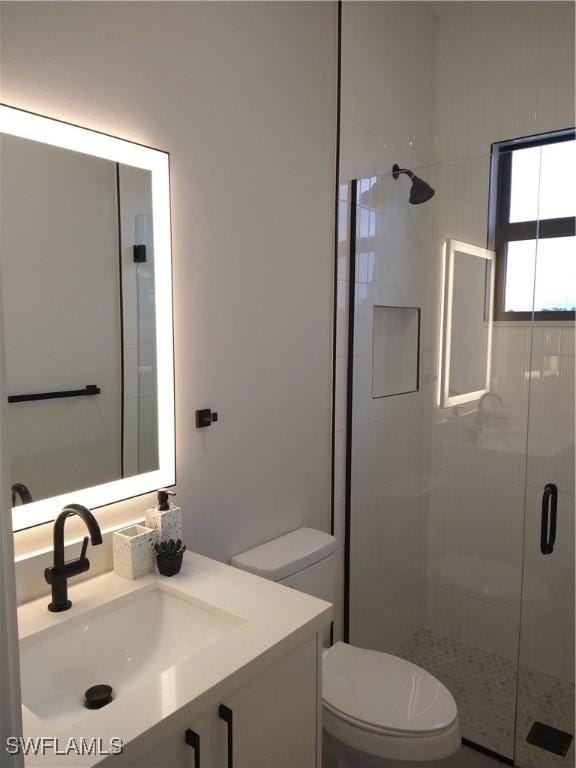 bathroom with vanity, toilet, and an enclosed shower