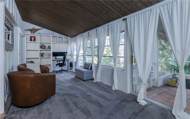 sitting room featuring lofted ceiling, wooden ceiling, and carpet floors