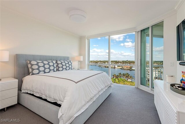 carpeted bedroom with access to outside, a water view, multiple windows, and expansive windows