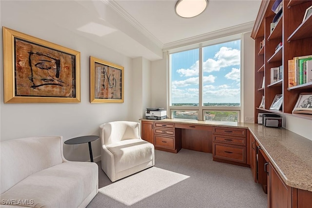 carpeted office with built in desk and ornamental molding