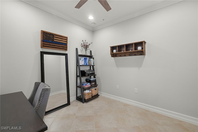 tiled office space with ornamental molding and ceiling fan