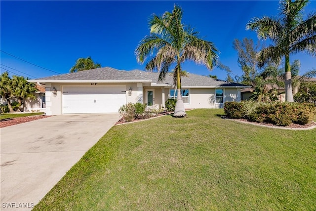 ranch-style home with a garage and a front yard