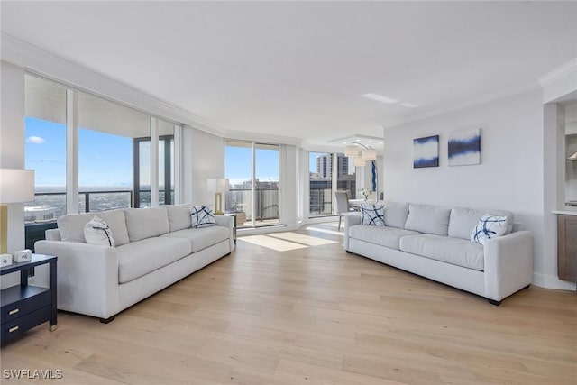 living room featuring a water view, ornamental molding, floor to ceiling windows, and light hardwood / wood-style floors