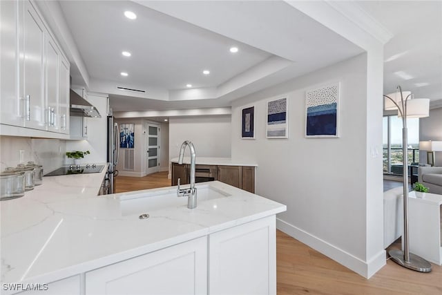 kitchen featuring sink, light stone countertops, and white cabinets