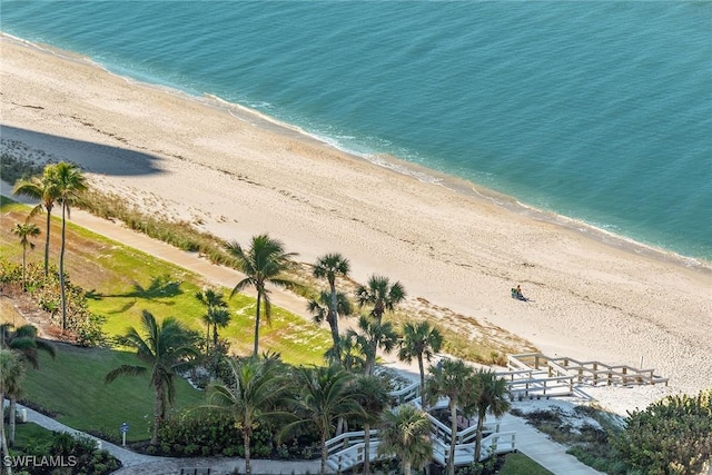 aerial view featuring a water view and a beach view