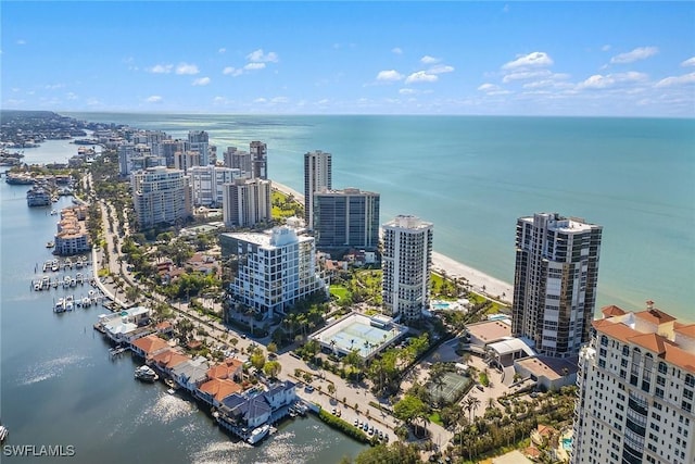 birds eye view of property featuring a water view