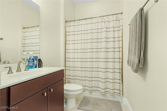 full bathroom with tile patterned flooring, vanity, shower / tub combo, and toilet