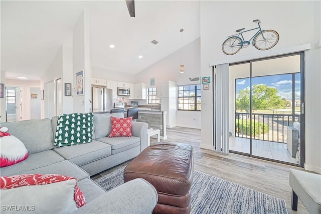 living room featuring light hardwood / wood-style floors and high vaulted ceiling