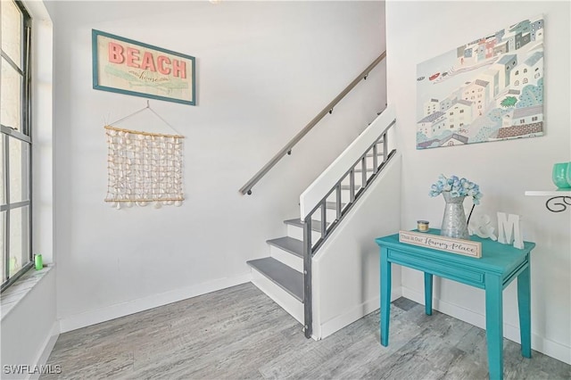 staircase with wood-type flooring