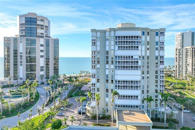 exterior space with a water view