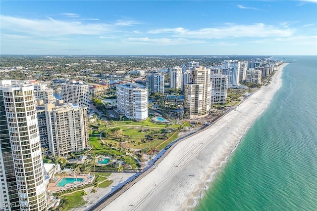 drone / aerial view with a water view and a view of the beach