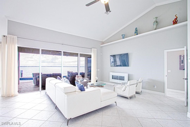 tiled living room featuring ceiling fan, high vaulted ceiling, and crown molding