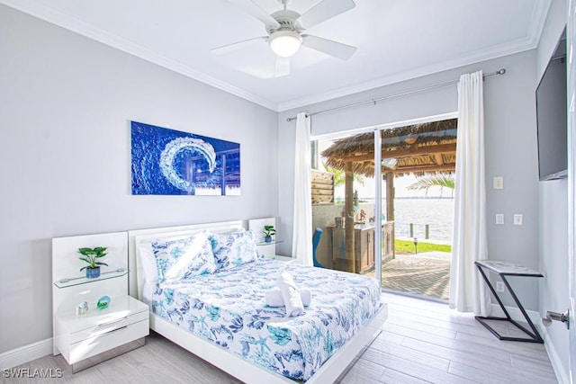 bedroom with ceiling fan, crown molding, access to outside, and hardwood / wood-style flooring