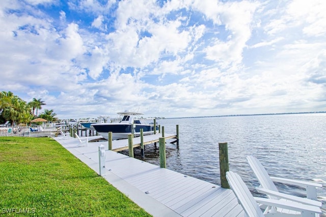 view of dock featuring a yard and a water view