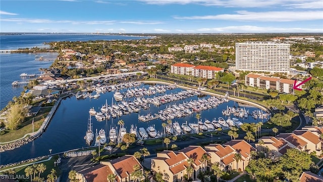 drone / aerial view with a water view