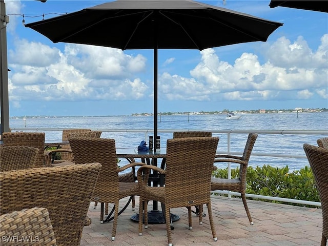 view of patio / terrace featuring a balcony and a water view