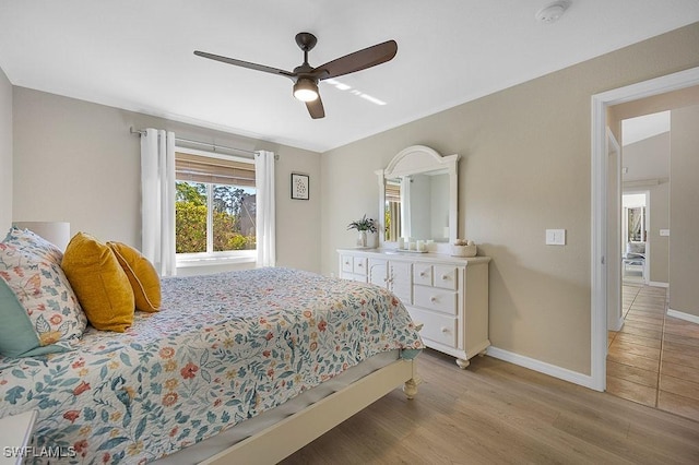 bedroom featuring light hardwood / wood-style flooring and ceiling fan