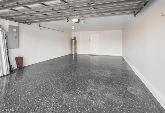 garage with electric panel, electric water heater, and a garage door opener