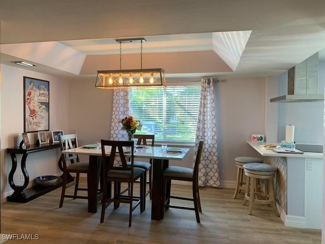 dining space with a tray ceiling, hardwood / wood-style floors, and an inviting chandelier