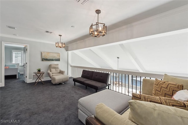 272 N Barfield Dr, Marco Island, FL 34145 - living room with a chandelier, carpet flooring, baseboards, and ornamental molding