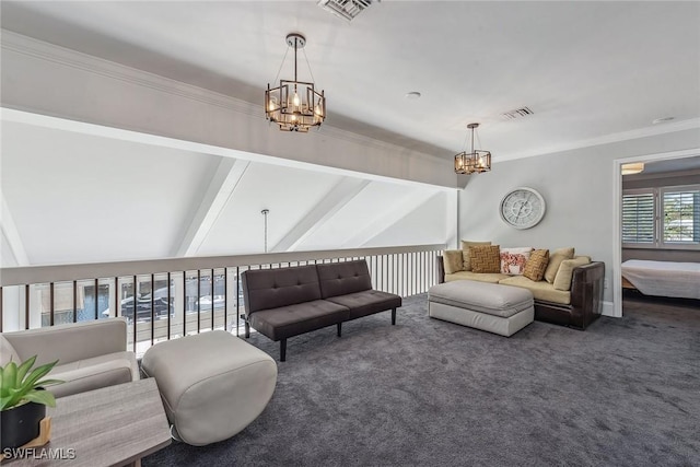 living room with a notable chandelier, dark carpet, crown molding, and beam ceiling