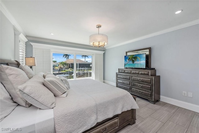 272 N Barfield Dr, Marco Island, FL 34145 - bedroom featuring baseboards, ornamental molding, a chandelier, and recessed lighting