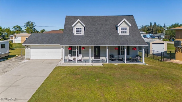 view of front of property with cooling unit, a front lawn, and covered porch