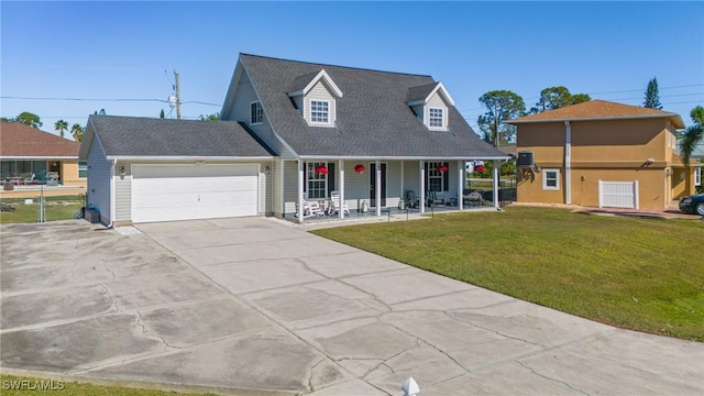 cape cod home with a front yard, a porch, and a garage