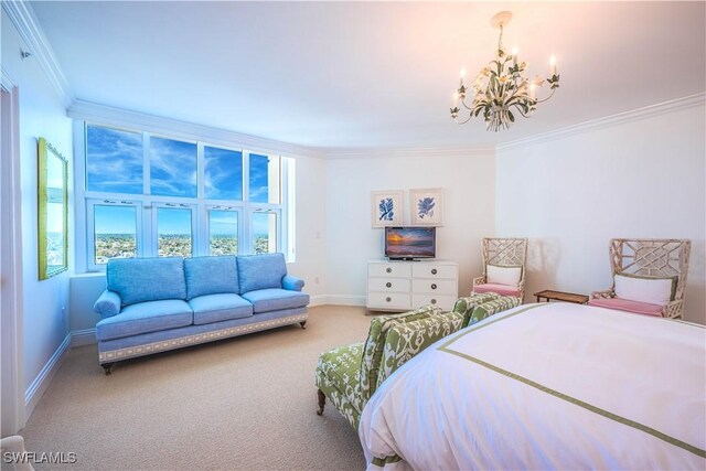 carpeted bedroom featuring crown molding and a chandelier