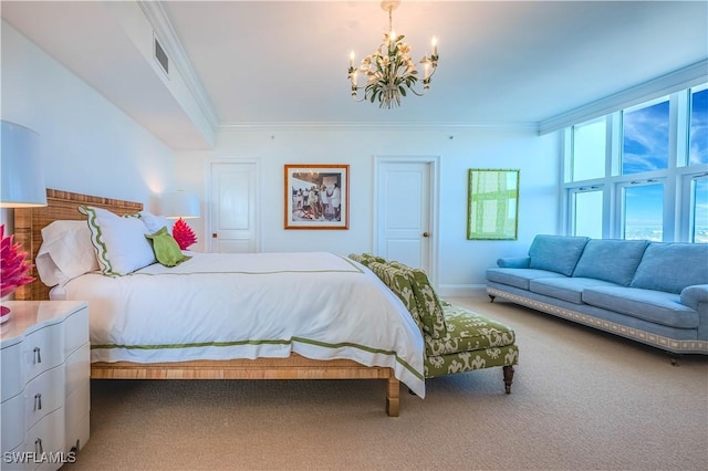 bedroom with carpet, crown molding, and a chandelier