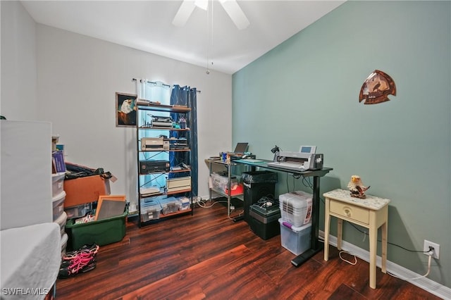 office area with ceiling fan and dark hardwood / wood-style floors