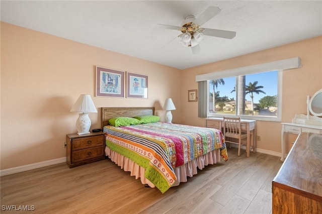 bedroom featuring light wood-type flooring and ceiling fan