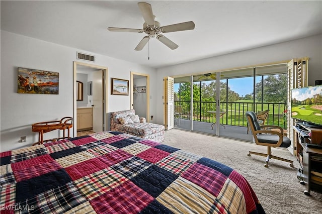 bedroom with connected bathroom, access to outside, carpet, and ceiling fan