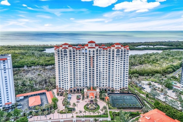 aerial view featuring a water view