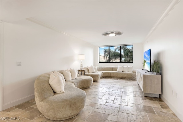 living room with crown molding