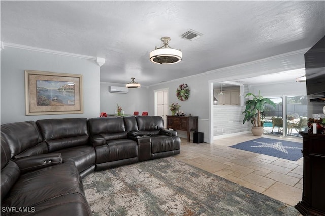 living room featuring a wall mounted air conditioner and ornamental molding