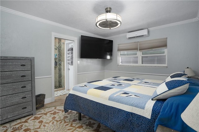 bedroom featuring connected bathroom, an AC wall unit, and ornamental molding