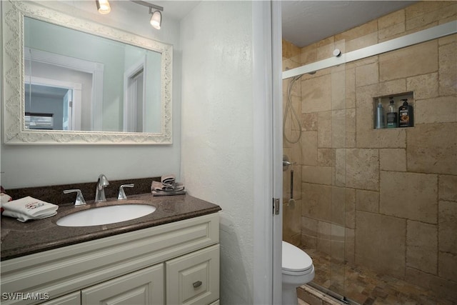 bathroom with vanity, toilet, and a shower with door