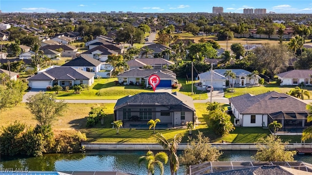 aerial view featuring a water view