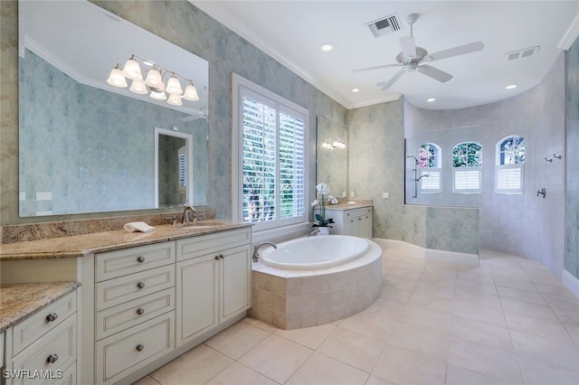 bathroom featuring vanity, independent shower and bath, ceiling fan, and crown molding