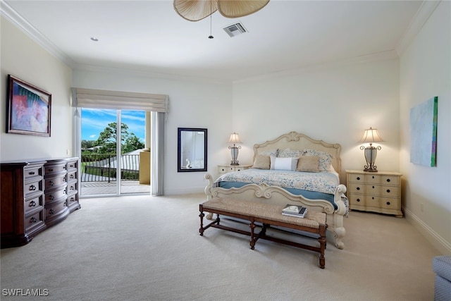 carpeted bedroom with access to outside, ceiling fan, and crown molding