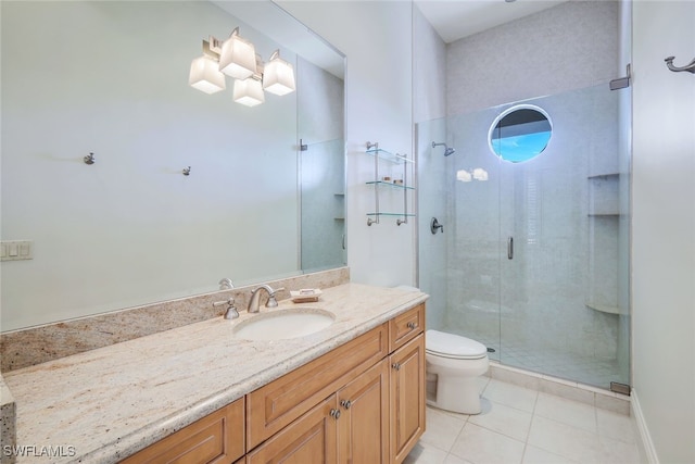 bathroom featuring tile patterned floors, vanity, toilet, and walk in shower