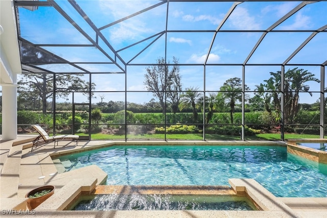 view of swimming pool with glass enclosure