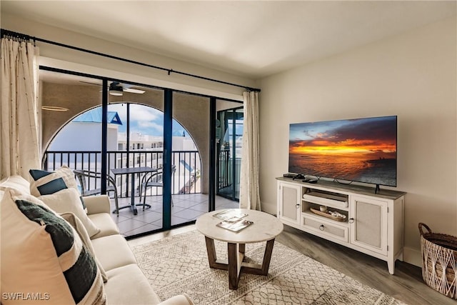 living room with ceiling fan and hardwood / wood-style floors