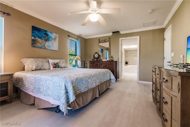 bedroom with ensuite bath, ceiling fan, light hardwood / wood-style flooring, and crown molding