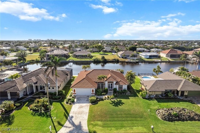 aerial view featuring a water view