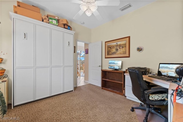 office area with ceiling fan and light colored carpet