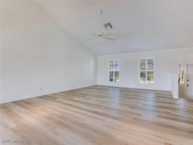 unfurnished living room with ceiling fan, light hardwood / wood-style flooring, and high vaulted ceiling