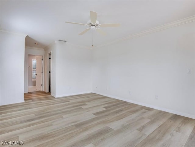 unfurnished room with ceiling fan, light hardwood / wood-style floors, and crown molding