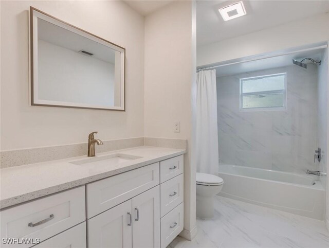 full bathroom with vanity, shower / bath combination with curtain, and toilet